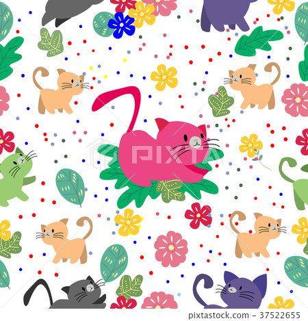 Cute Cat seamless pattern with flower on colorful - Stock Illustration ...