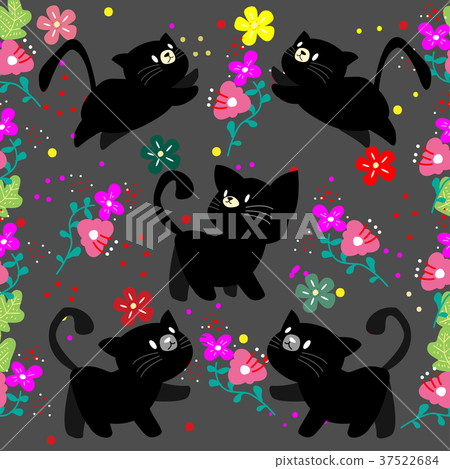 Cute Cat seamless pattern with flower on colorful - Stock Illustration ...