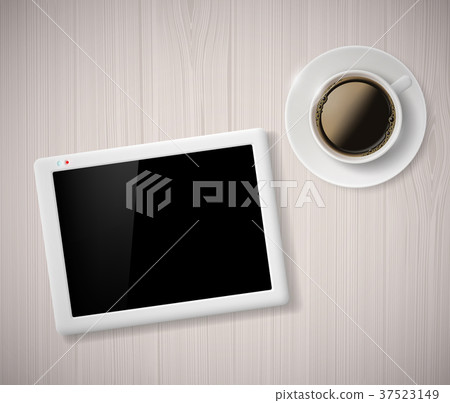 cup of coffee and a digital tablet on the table cup of coffee and a digital tablet on the table 37523149
