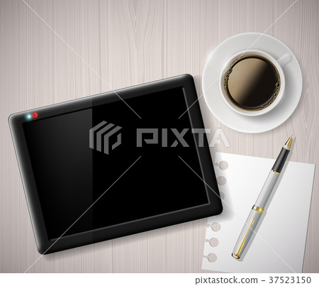 cup of coffee and a digital tablet on the table cup of coffee and a digital tablet on the table 37523150