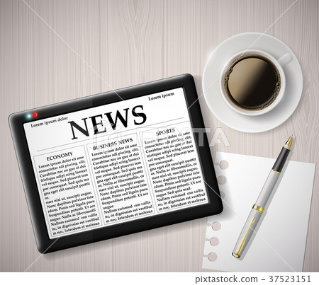digital tablet and a cup of coffee on a table digital tablet and a cup of coffee on a table 37523151