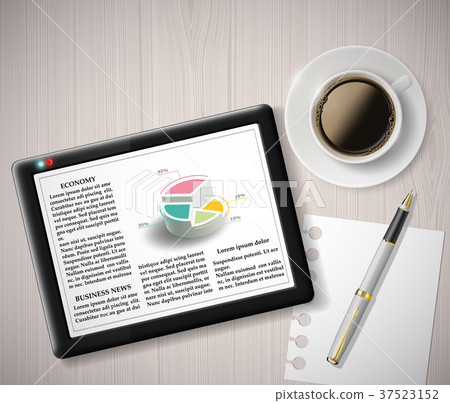 digital tablet with info graphics and a coffee 37523152