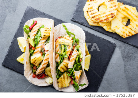 Mexican chicken tacos with grilled pineapple on Mexican chicken tacos with grilled pineapple on 37523387