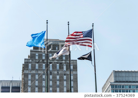 Boston, MA USA - american flag waving with Boston, MA USA - american flag waving with 37524369