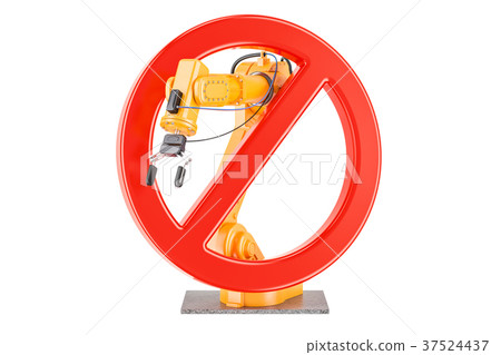 Forbidden sign with robotic arm, 3D rendering 37524437