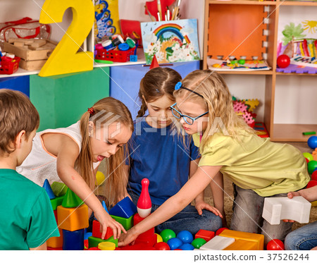 Children building blocks in kindergarten. Group Children building blocks in kindergarten. Group 37526244