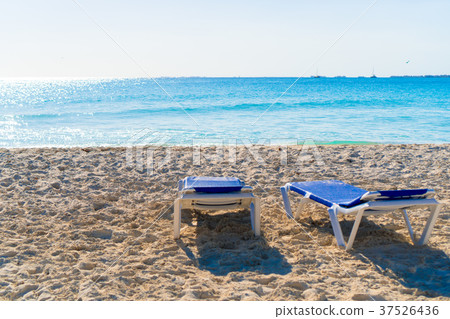 Beach sunbeds on white sand in soft evening light Beach sunbeds on white sand in soft evening light 37526436