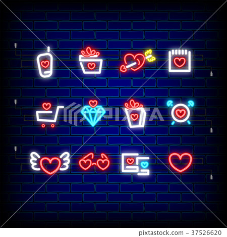 Neon happy Valentines Day set icon - Stock Illustration [37526620] - PIXTA