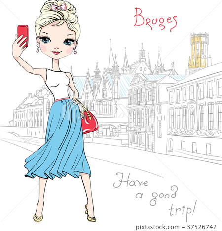 Cute hipster girl makes selfie in Bruges, Belgium 37526742