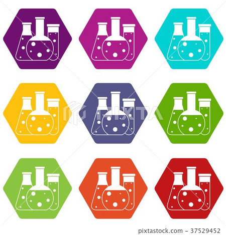 Laboratory flasks icon set color hexahedron 37529452