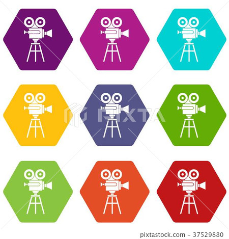 Retro film projector icon set color hexahedron Retro film projector icon set color hexahedron 37529880