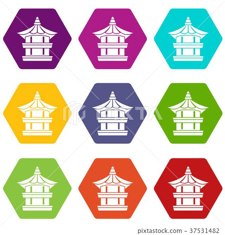 Traditional korean pagoda icon set color hexahedron Traditional korean pagoda icon set color hexahedron 37531482