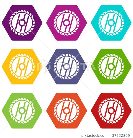 Circular saw blade icon set color hexahedron Circular saw blade icon set color hexahedron 37532809