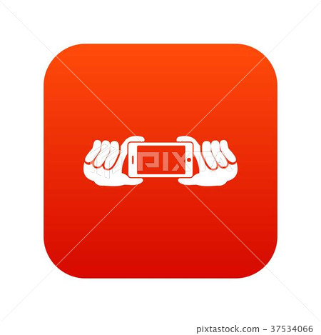 Two hands holding mobile phone icon digital red - Stock Illustration ...