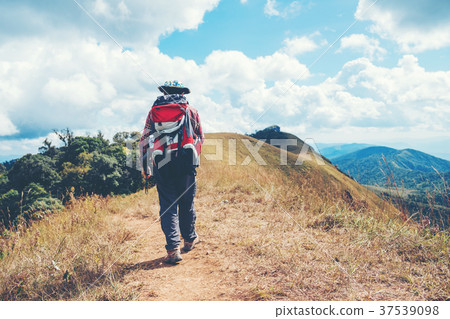 Tourist trail hiking in the forest Traveler Man 37539098
