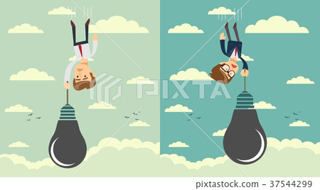 Sad businessman falling holding idea bulb as 37544299