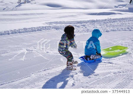 孩子們在滑雪勝地滑雪橇 37544913