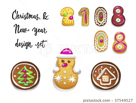 Christmas and New Year set of gingerbread cookies Christmas and New Year set of gingerbread cookies 37549527