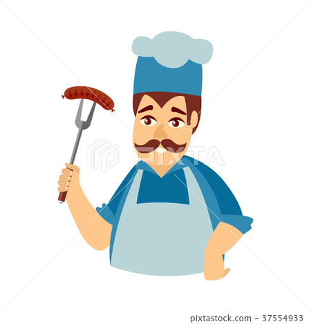 Man in chef hat and apron holding sausage on fork 37554933