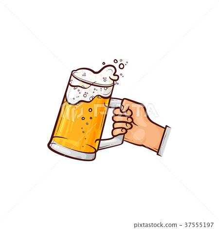 Hand-drawn hand holding mug of beer, ale, cider Hand-drawn hand holding mug of beer, ale, cider 37555197