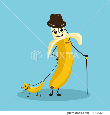 Funny banana character with eyes, legs, cane. 37556308