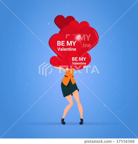 Happy Valentines Day Greeting Card Woman Holding Happy Valentines Day Greeting Card Woman Holding 37556566