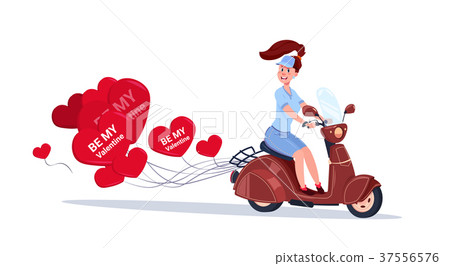Woman Riding Retro Motor Bike With Heart Shaped 37556576
