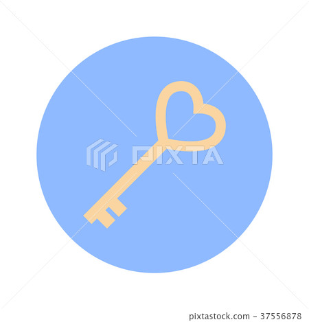 Golden Key In Heart Shape Icon On Blue Round 37556878