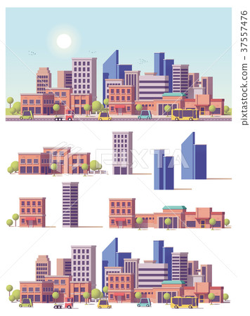 Vector low poly 2d buildings and city scene Vector low poly 2d buildings and city scene 37557476