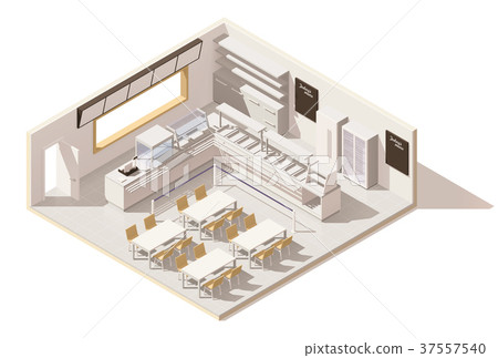 Vector isometric low poly self service restaurant Vector isometric low poly self service restaurant 37557540