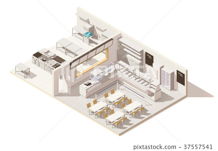 Vector isometric low poly restaurant with kitchen Vector isometric low poly restaurant with kitchen 37557541