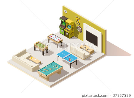 Vector isometric low poly recreation room interior Vector isometric low poly recreation room interior 37557559