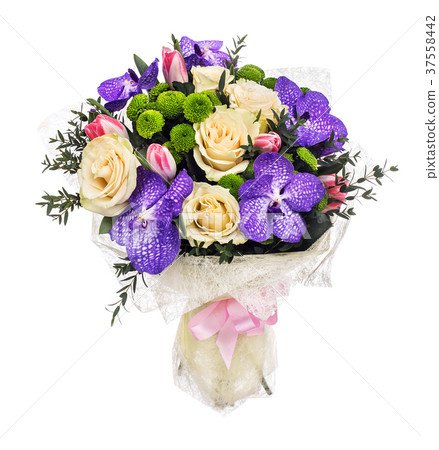 Bouquet with roses, tulips and orchids Bouquet with roses, tulips and orchids 37558442