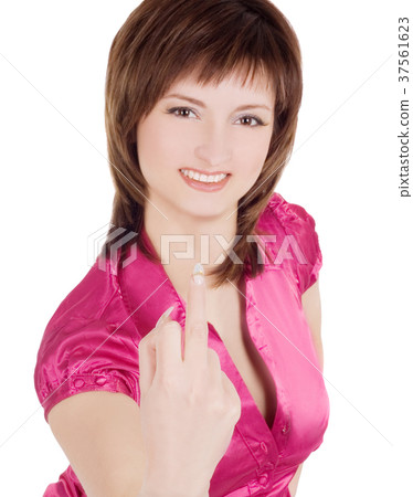 Young woman showing middle finger over white 37561623