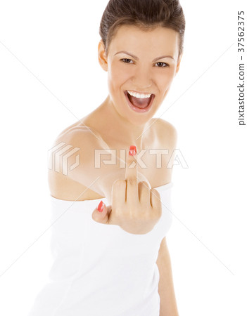 Young woman showing middle finger over white 37562375