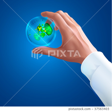 Hand of a scientist in white coat holding Petri Hand of a scientist in white coat holding Petri 37563403