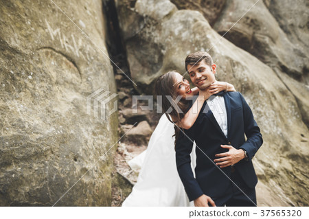 Gorgeous bride, groom kissing and hugging near the Gorgeous bride, groom kissing and hugging near the 37565320