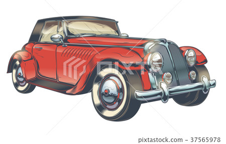 vintage illustration of red retro car in vintage illustration of red retro car in 37565978