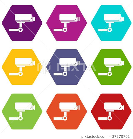 CCTV camera icon set color hexahedron CCTV camera icon set color hexahedron 37570701