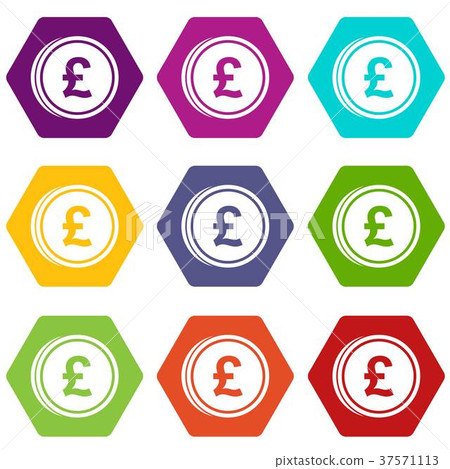 Coins of pound icon set color hexahedron Coins of pound icon set color hexahedron 37571113