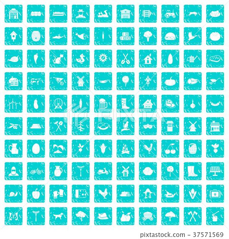 100 farm icons set grunge blue 37571569