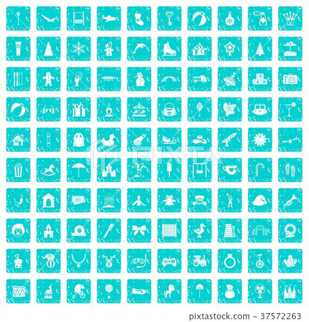 100 happy childhood icons set grunge blue 37572263
