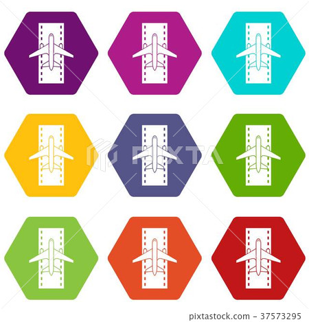 Airplane on the runway icon set color hexahedron Airplane on the runway icon set color hexahedron 37573295