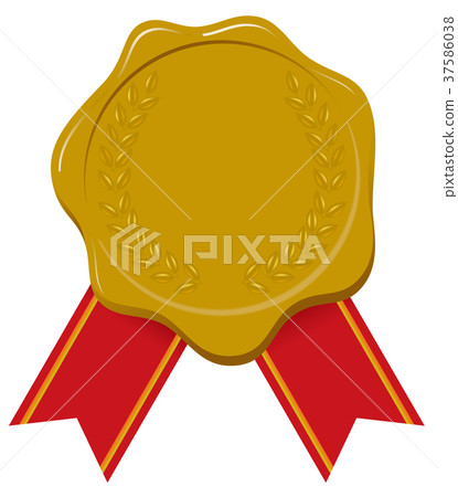 Label stamp with ribbon on envelope (Laurels with leaves golden color) | Seal wax Wax seal | Illustration symbol icon 37586038