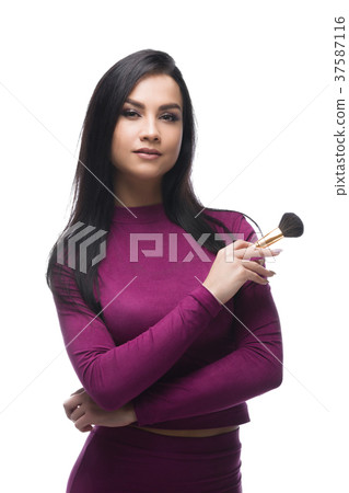 Pretty brunette in sexy purple jersey blouse shot 37587116