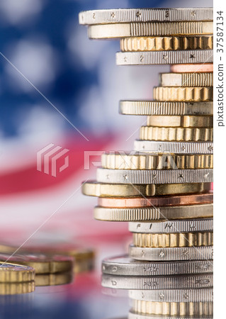 National flag of america and euro coins - concept. 37587134