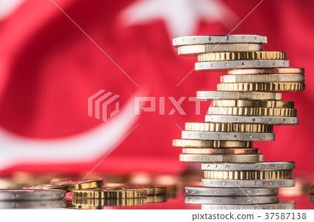 National flag of turkey and euro coins - concept. 37587138