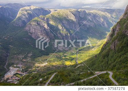 Lysefjord and Lysebotn from the mountain Kjerag Lysefjord and Lysebotn from the mountain Kjerag 37587278