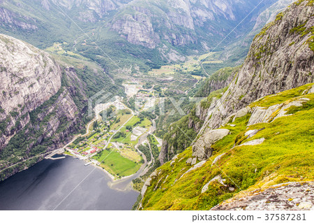 Lysefjord and Lysebotn from the mountain Kjerag Lysefjord and Lysebotn from the mountain Kjerag 37587281