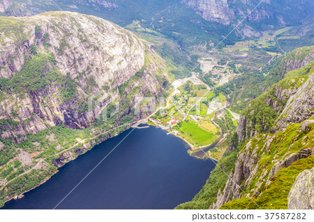 Lysefjord and Lysebotn from the mountain Kjerag Lysefjord and Lysebotn from the mountain Kjerag 37587282